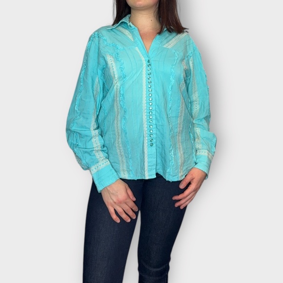 Vintage Y2K Scully Women’s Western Snap Button, Cottage Core, Blue, Ruffle Shirt - Picture 2 of 8